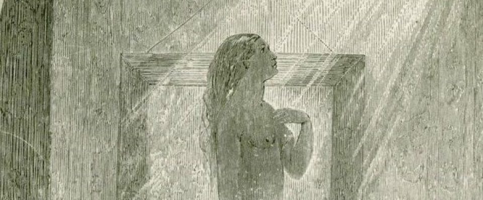Black and white woodcut print of a woman looking up at rays of light.